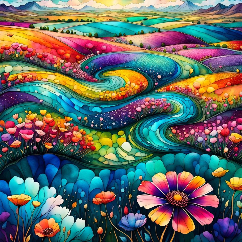 whimsical stylized illustration showcasing a view of vibrant flower field