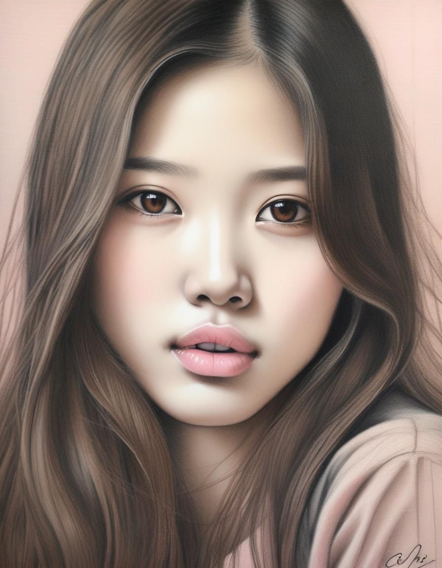 Korean Girl Portrait in Charcoal Drawing Style