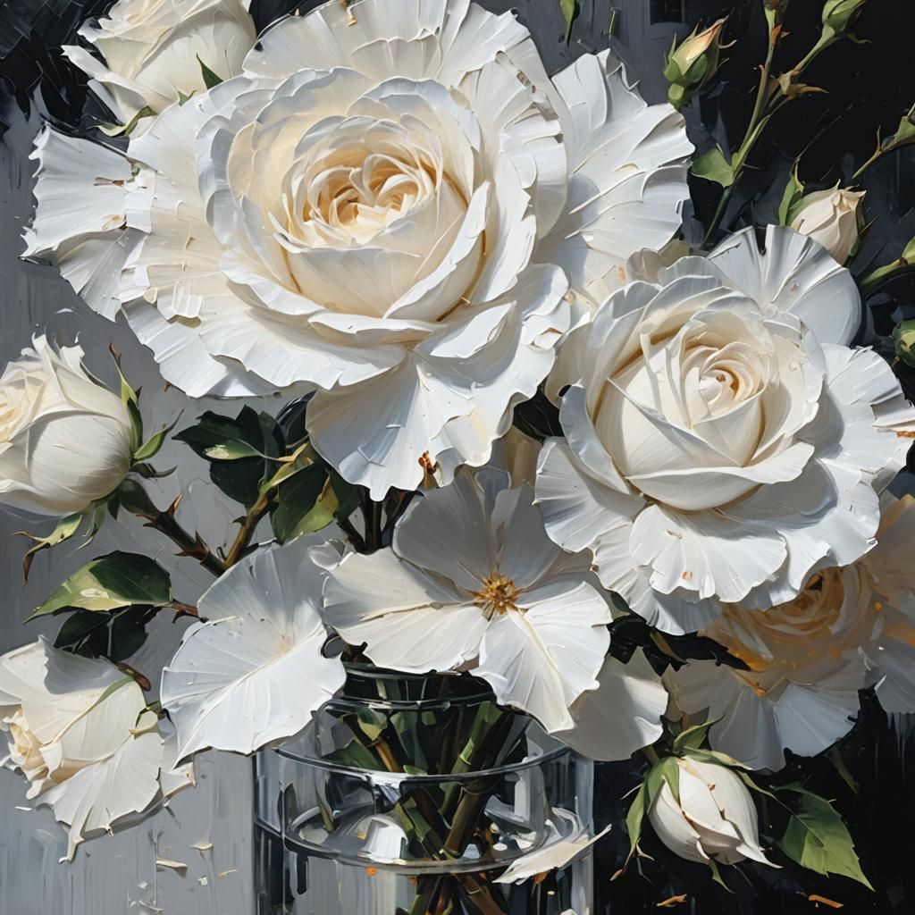 Impasto Oil Painting of White Roses