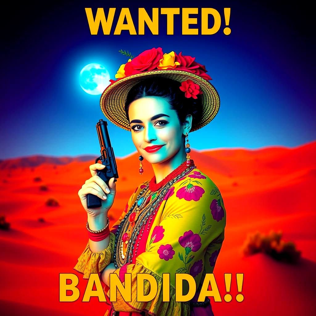 Frida Kahlo as Bandit in Fluorescent Desert Night