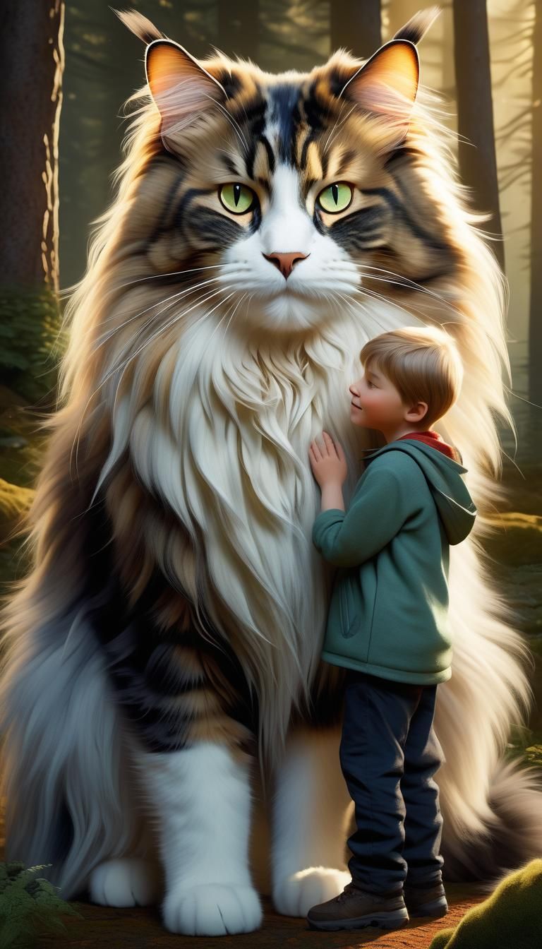 Norwegian Forest Cat and Boy in Enchanting Light