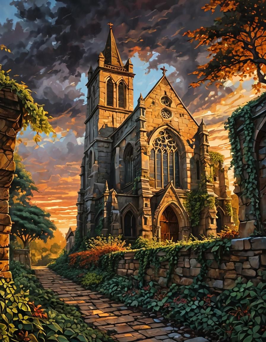 Gothic Church in Sunset Light: Impasto Acrylic Painting