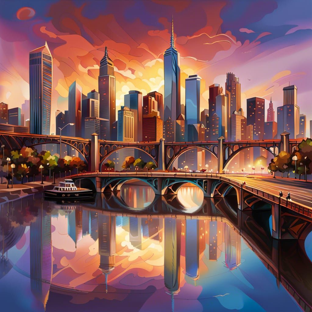 Vibrant City Skyline with Bridge Digital Painting