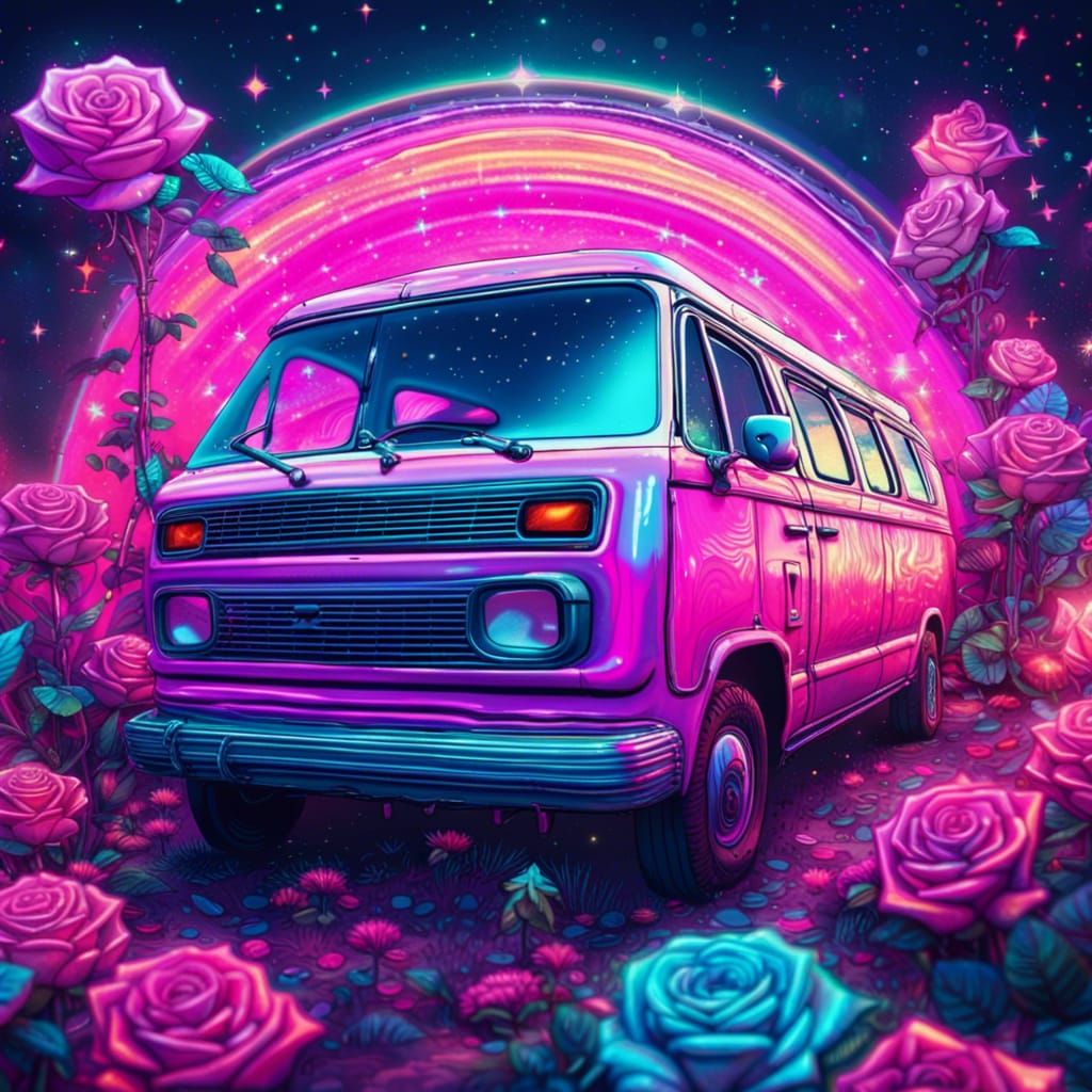 Cyberpunk Van in Cosmic Rose Garden: 8K Resolution