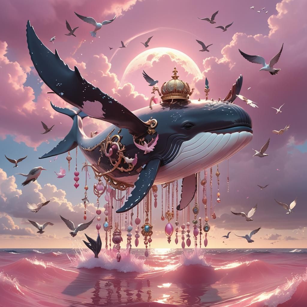Winged Whale in Pink Sky: 3D Anime Art