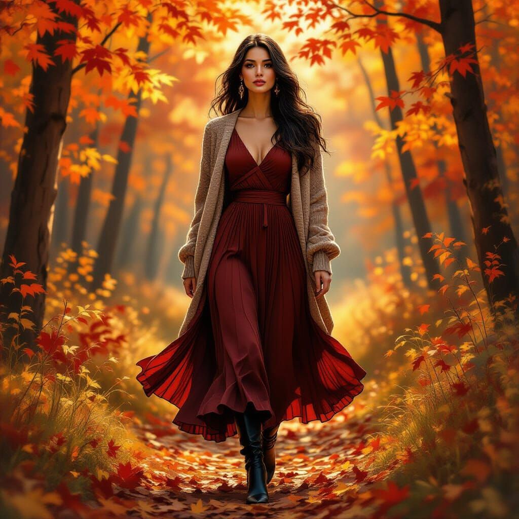 Woman in Autumn Forest: Jewel Tones and Romantic Style