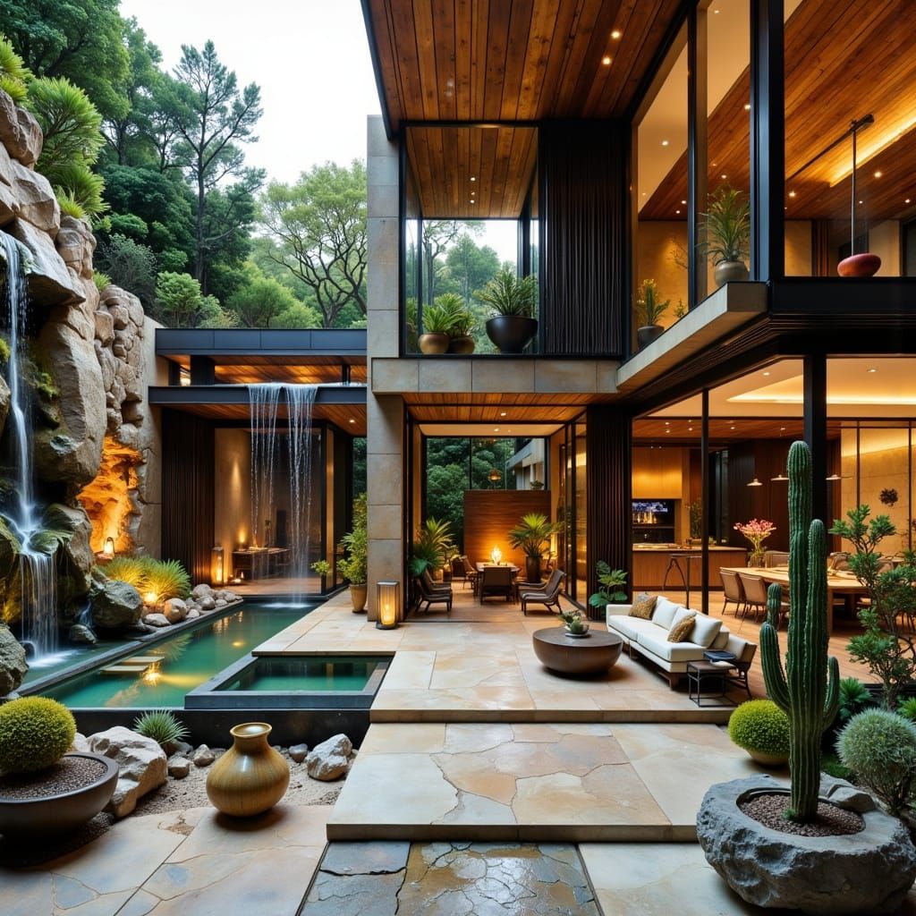 Luxury Home Interior with Serene Waterfall and Natural Beaut...