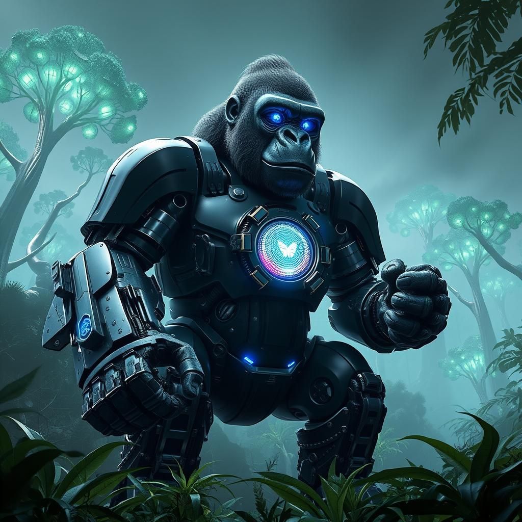 Cyberpunk Armored Gorilla in Futuristic Jungle