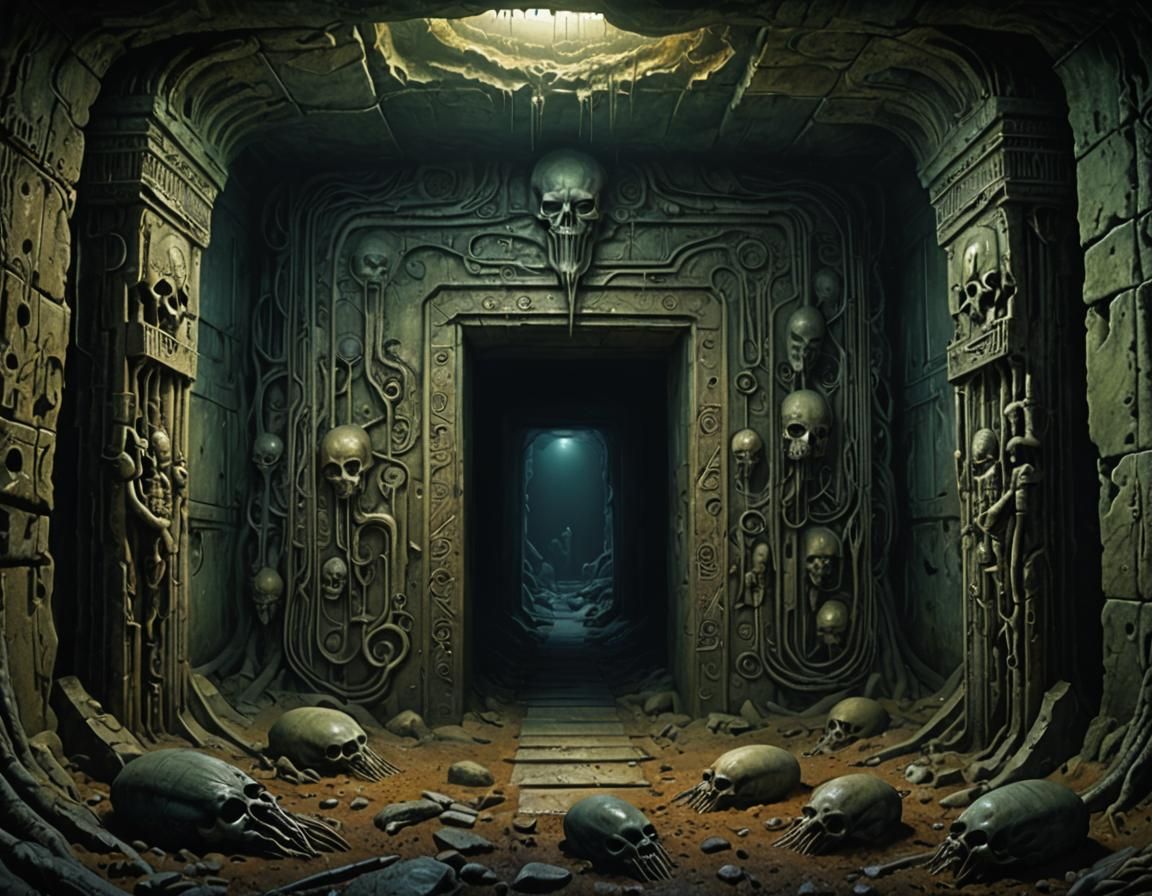 An underground burial chamber for an inhuman race containing strange containers, carvings, weapons and murals. Zdzisław ...