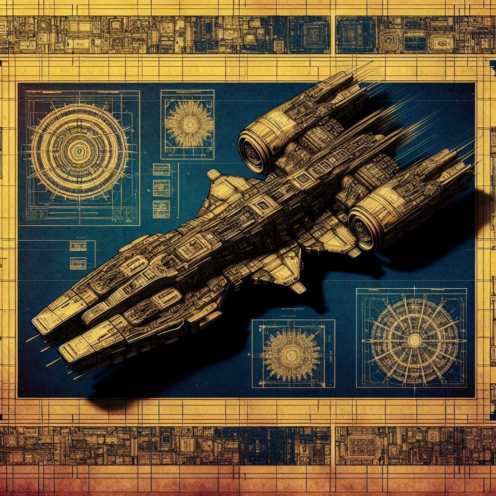 Detailed Spaceship Schematic in Digital Art Style