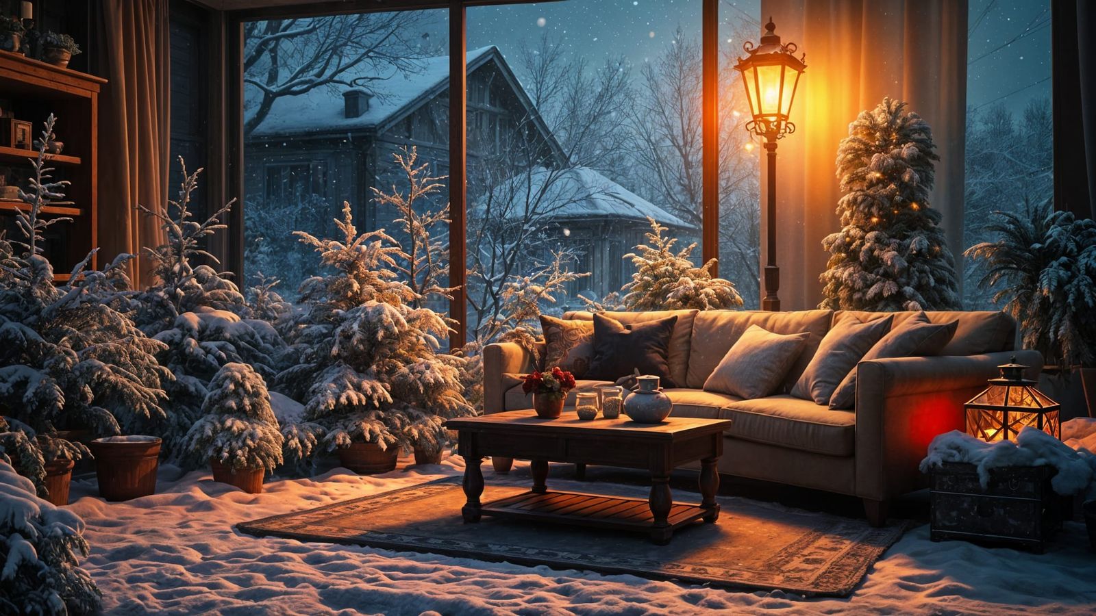 Winter Wonderland Scene in a Dark Living Room