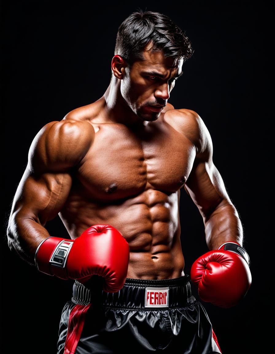 Handsome Boxer in Fighting Pose, Hyperrealistic Art