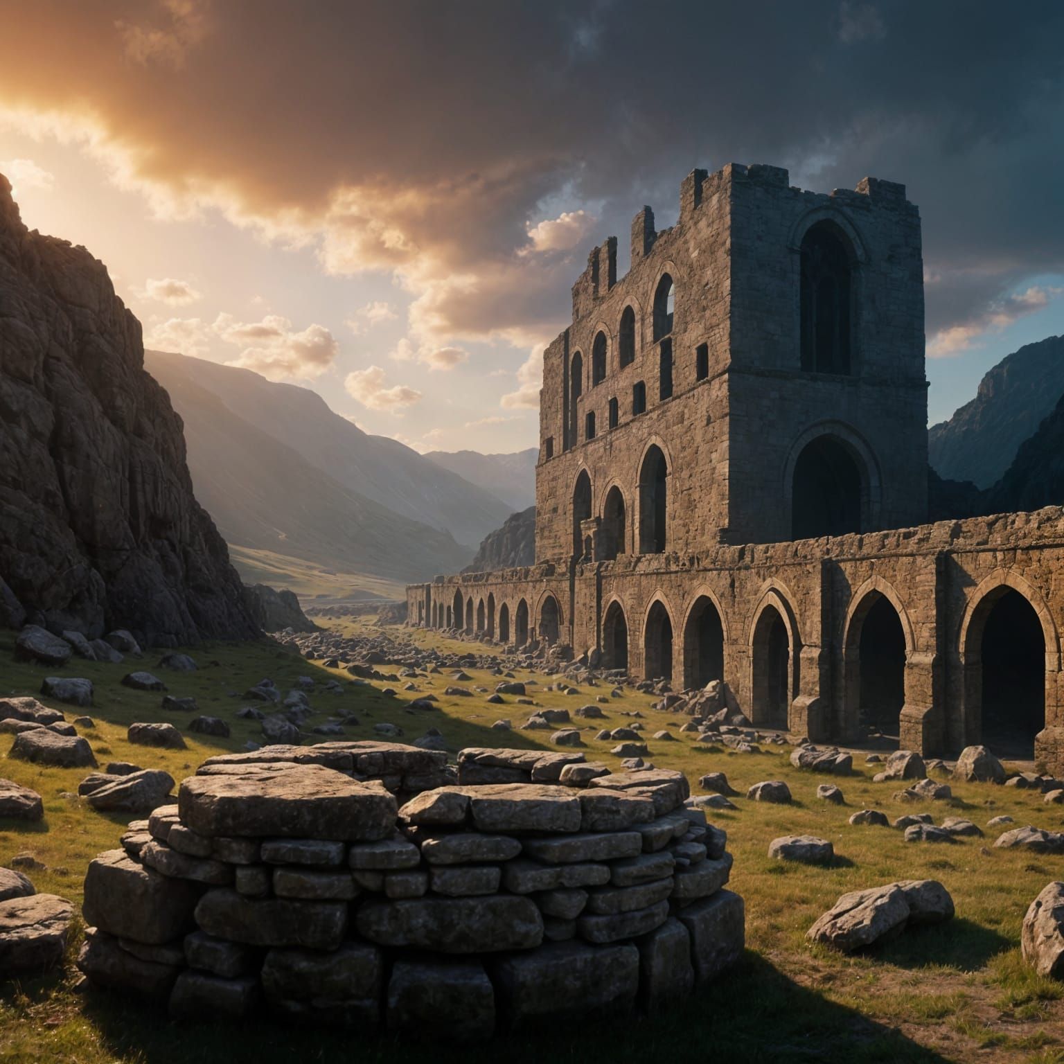 Epic High Fantasy Dungeon Ruins at Sunset