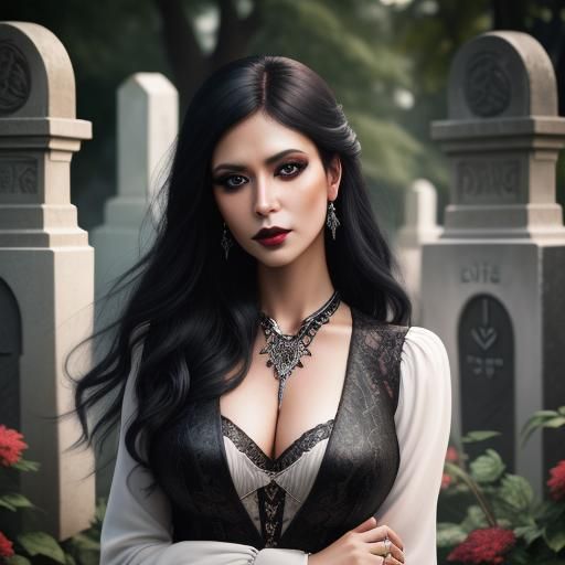 Goth Woman Portrait in Cemetery, Photorealistic Style