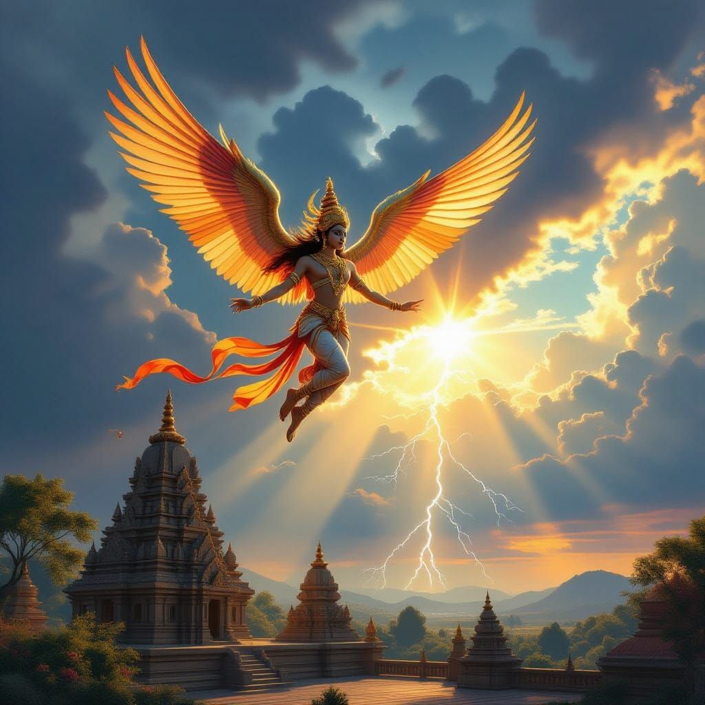 Garuda Soaring Above Hindu Temple in Cyberpunk Style