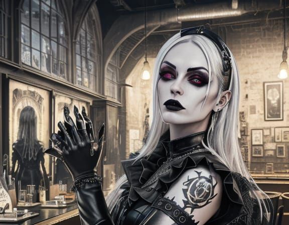 Gothic Fashion Model in Neon Cyberpunk Cafe