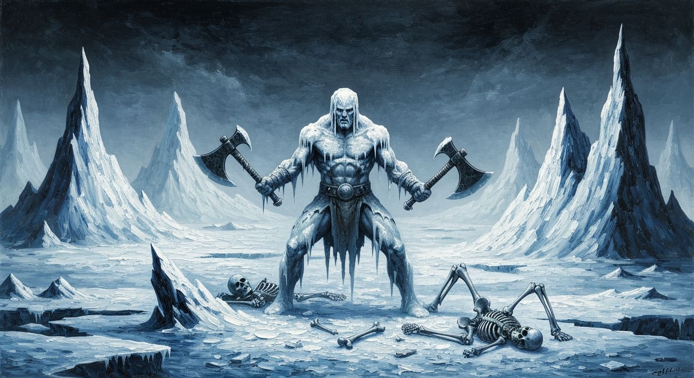 Frozen Barbarian in Icy Wasteland with Twin Axes