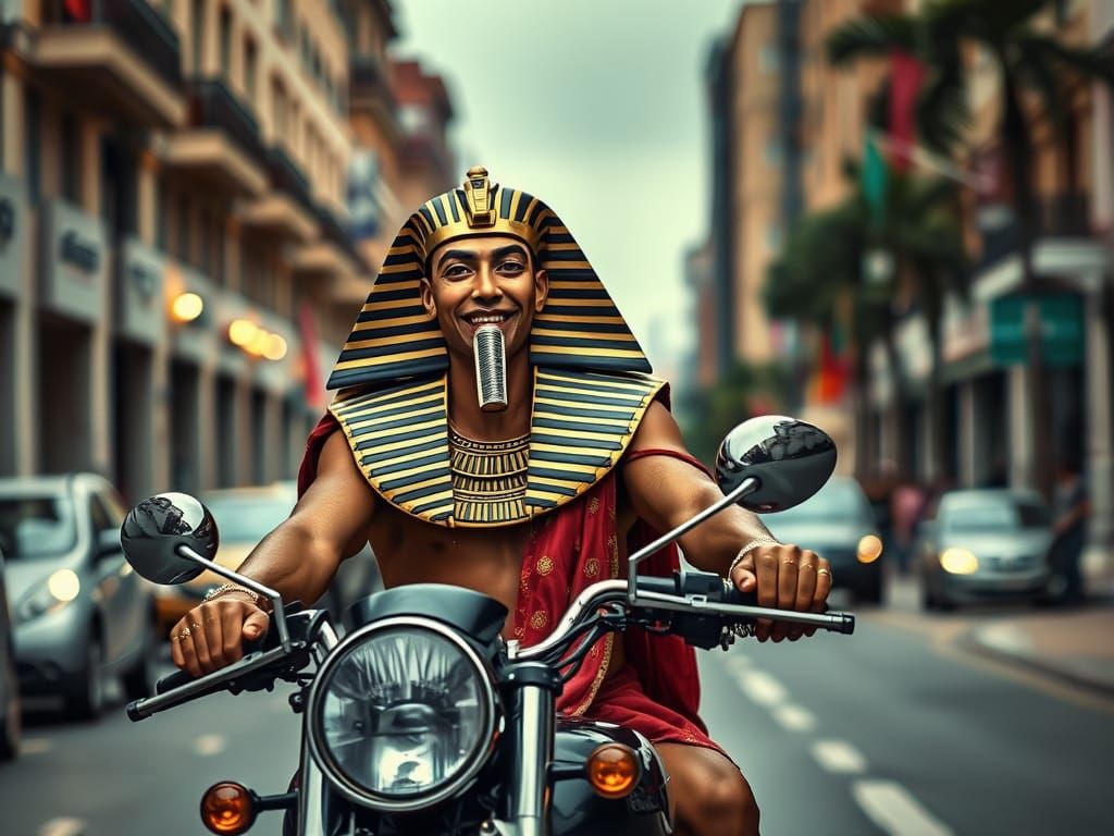 Pharaoh Rides Motorbike Through Modern City