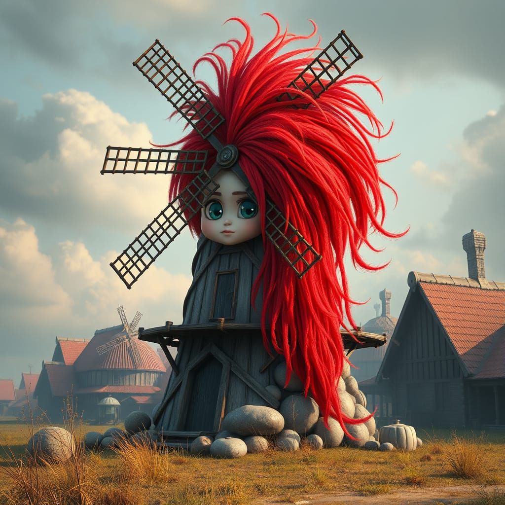 Cartoon Windmill with Scarlet Wig: Digital Matte Painting