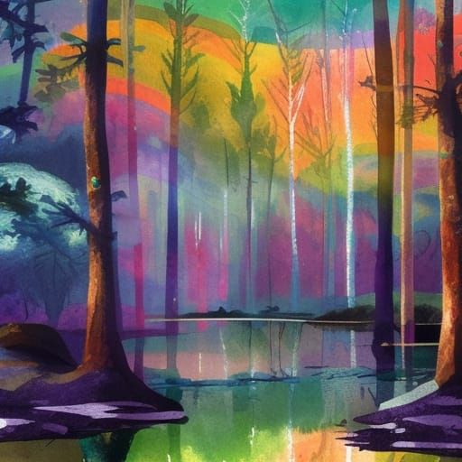 Rainbow Swamp in Gouache Style Impressionist Painting