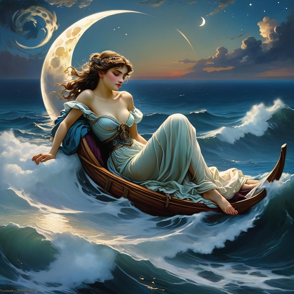 Moon Over the Sea: A Fantastical Art Nouveau Vision