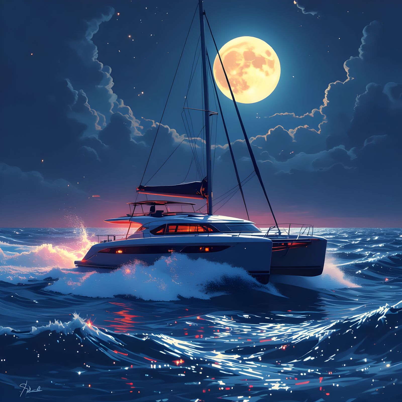Catamaran at Night: Sparkling Ocean Under Moonlight