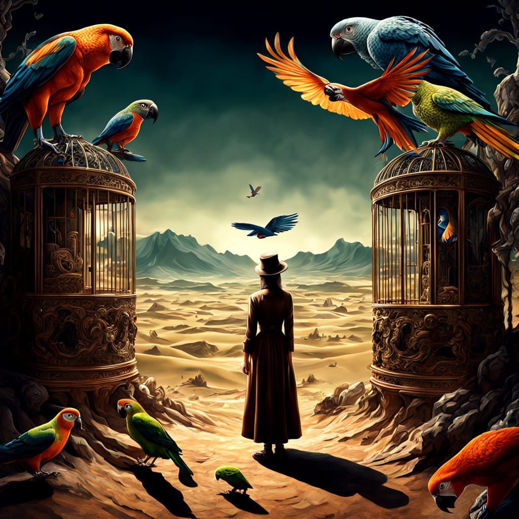 Surreal Dreamscape With Distorted Woman, Caged Puma, Parrot