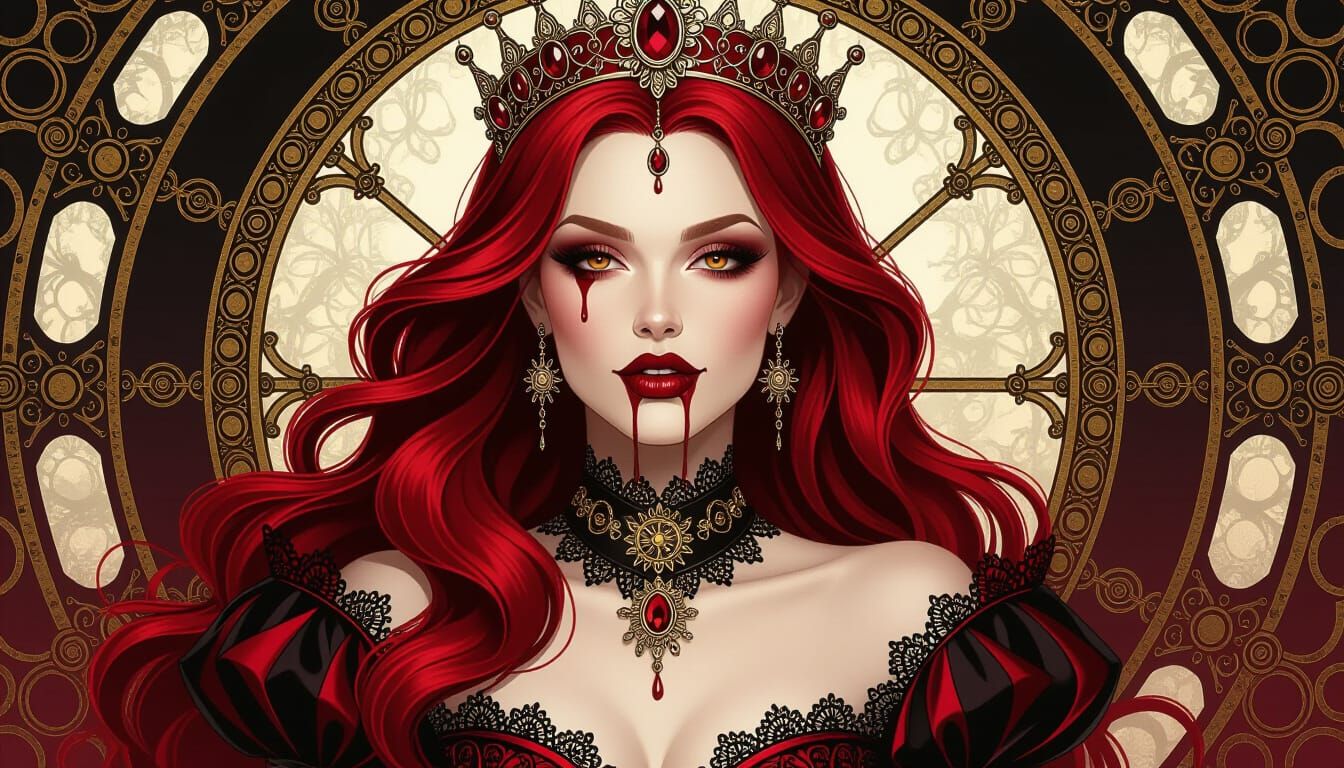 Steampunk Vampire Queen Portrait with Crimson Hair and Blood...