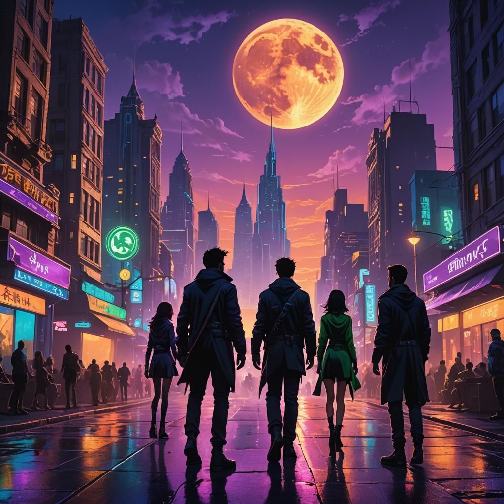Fantastical Cityscape at Dusk with Hero Silhouettes