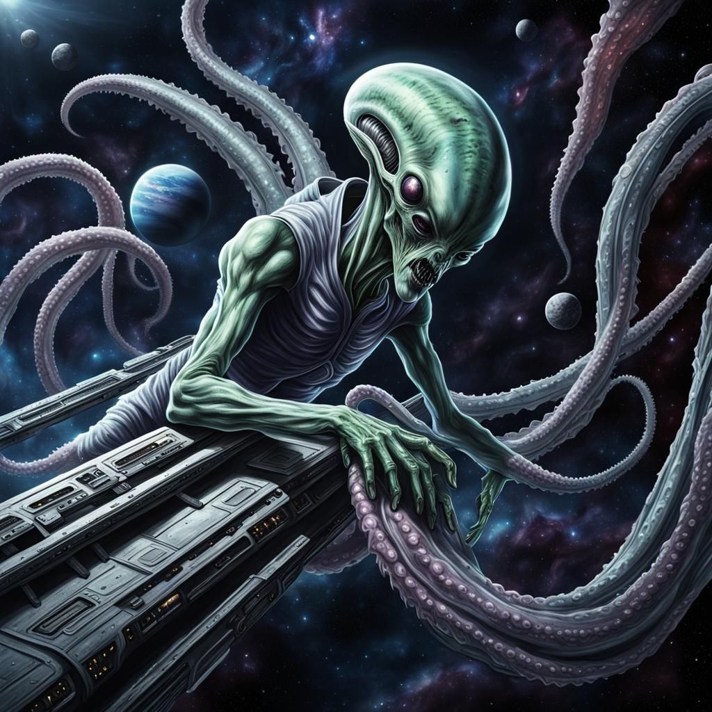 Alien Tentacles Envelop Spaceship in Deep Space Horror