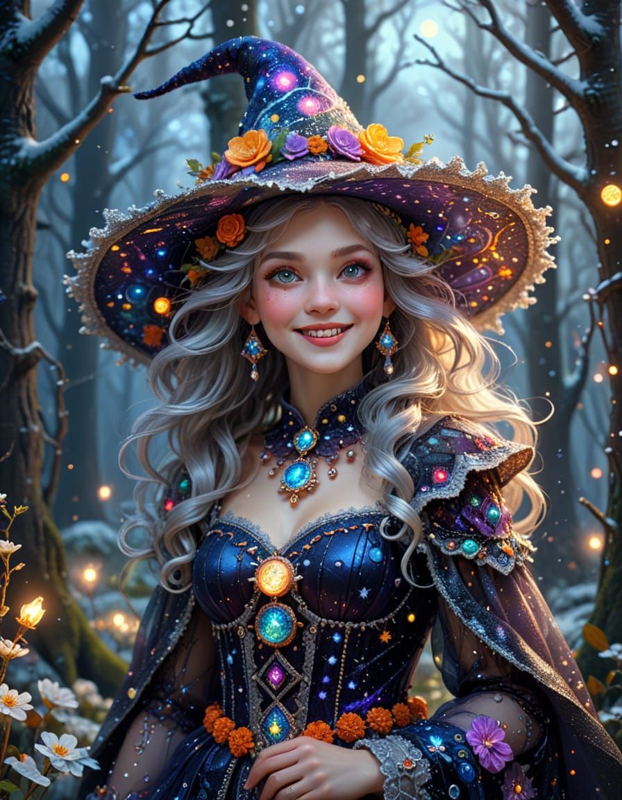 Christmas Witch in Klimt Style Winter Forest