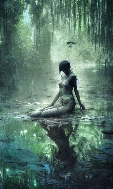 Swamp Goddess in Murky Water, Photorealistic Illustration