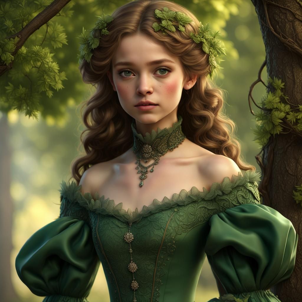 Victorian Girl in Green Gown by Maple Tree