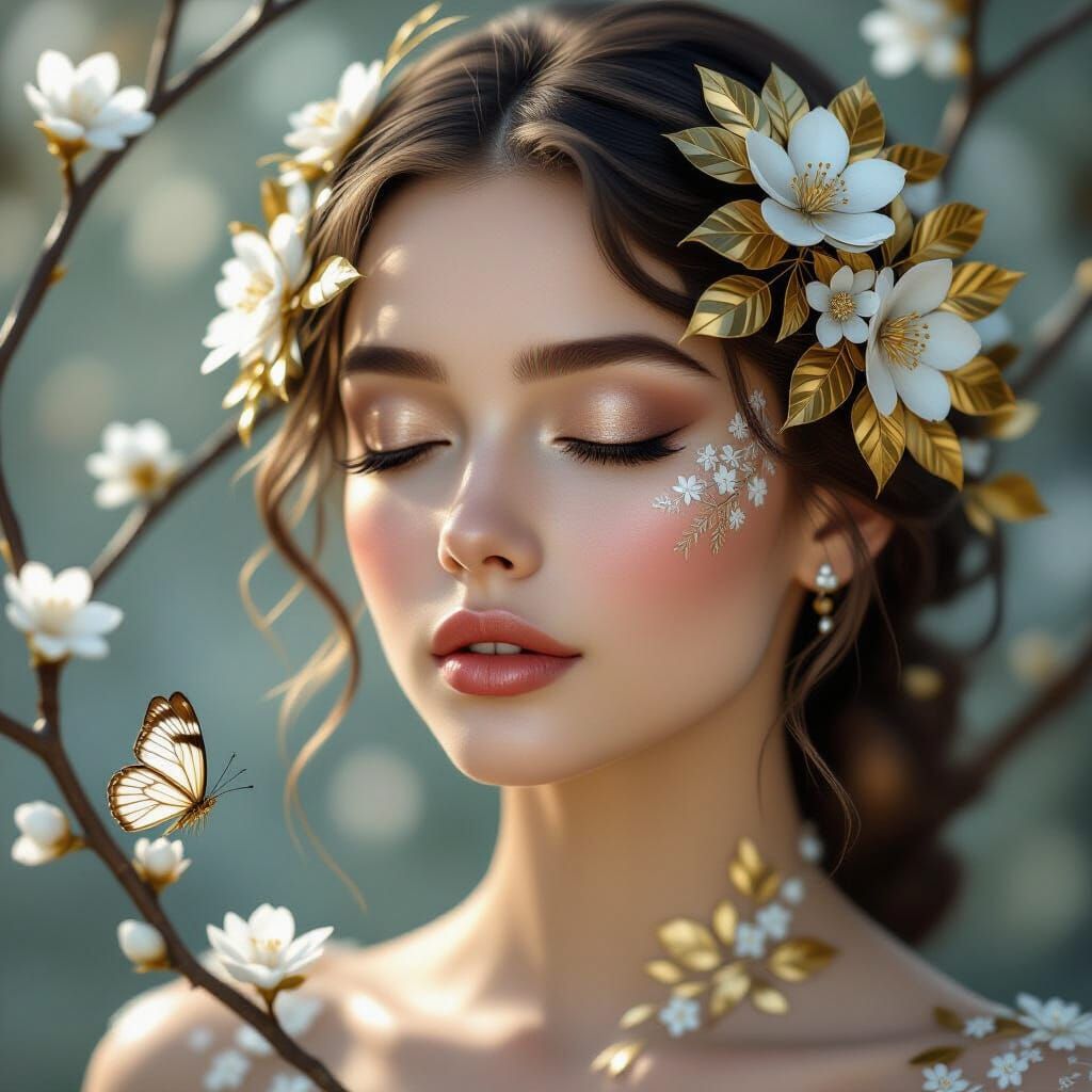 Mystical Woman with Gold Leaf and Blossoms in Hyperreal Styl...