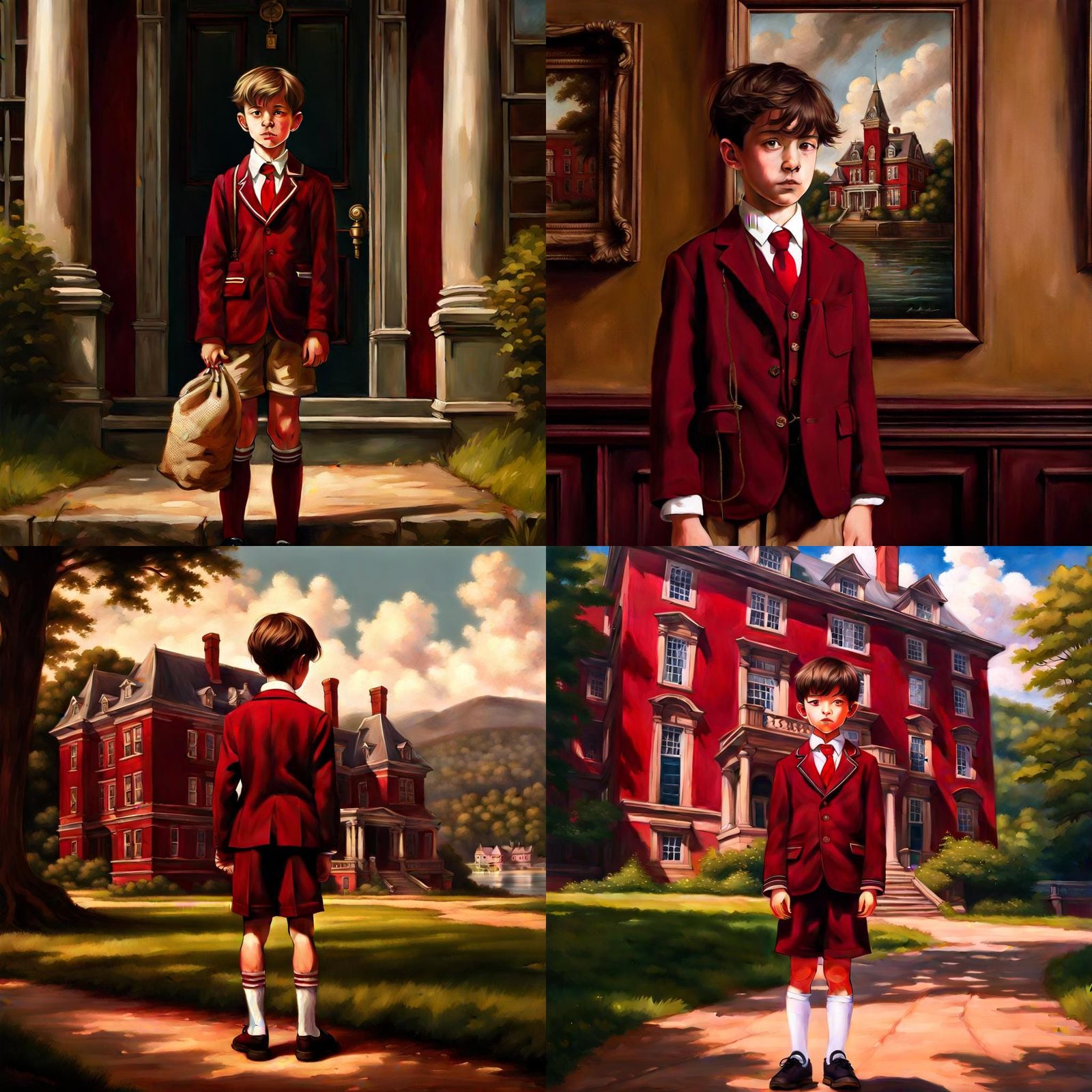 Boy in Red Uniform Outside Victorian Mansion
