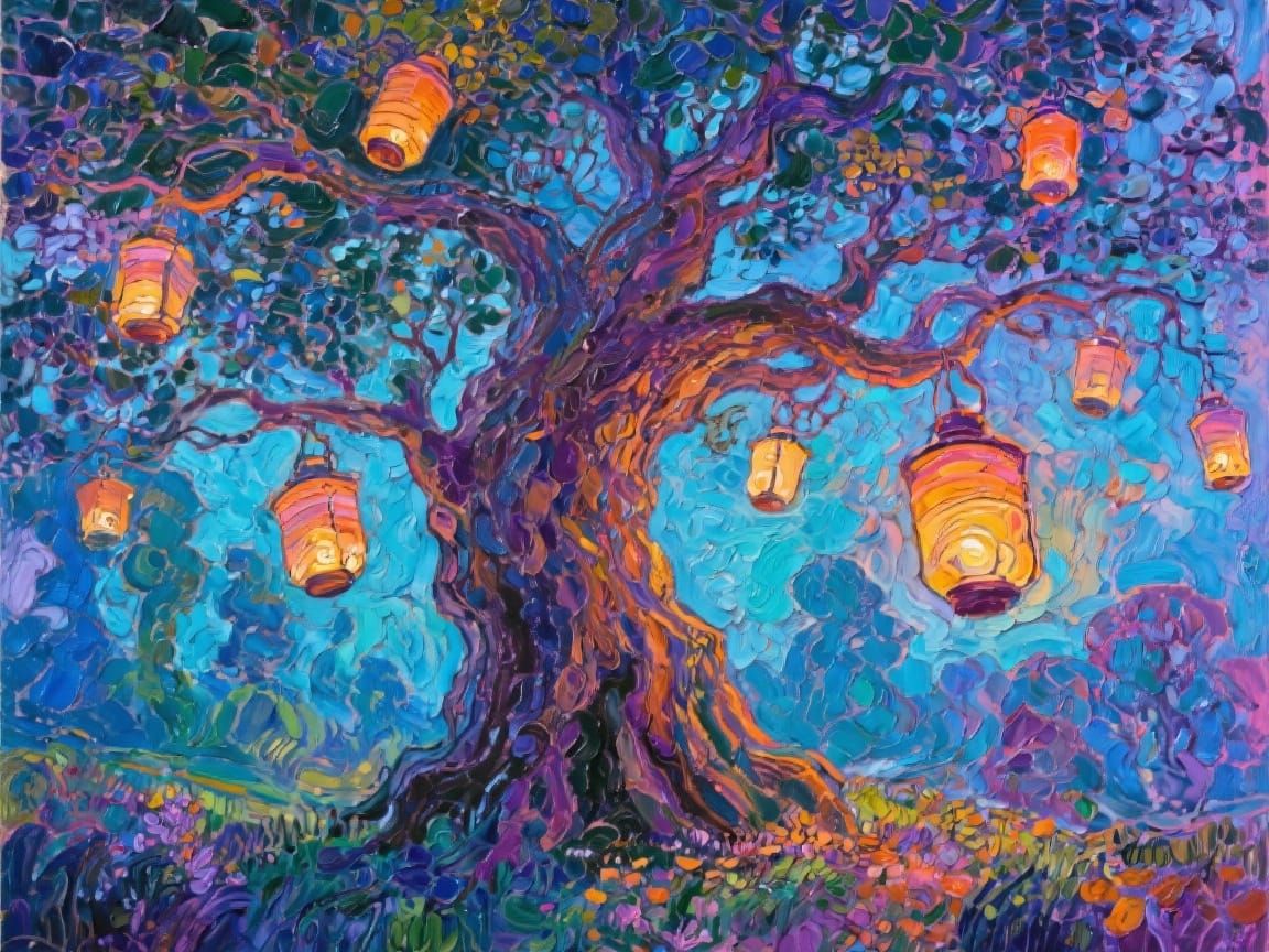 Magical Tree with Hovering Lanterns in Impasto Style