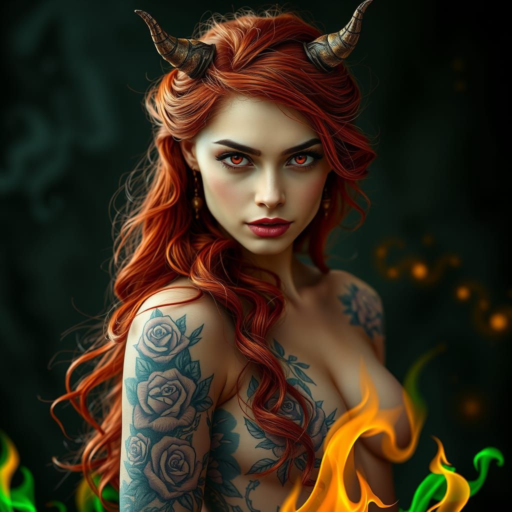 Sultry Female Figure with Horns and Tattoos in Dark, Mystica...