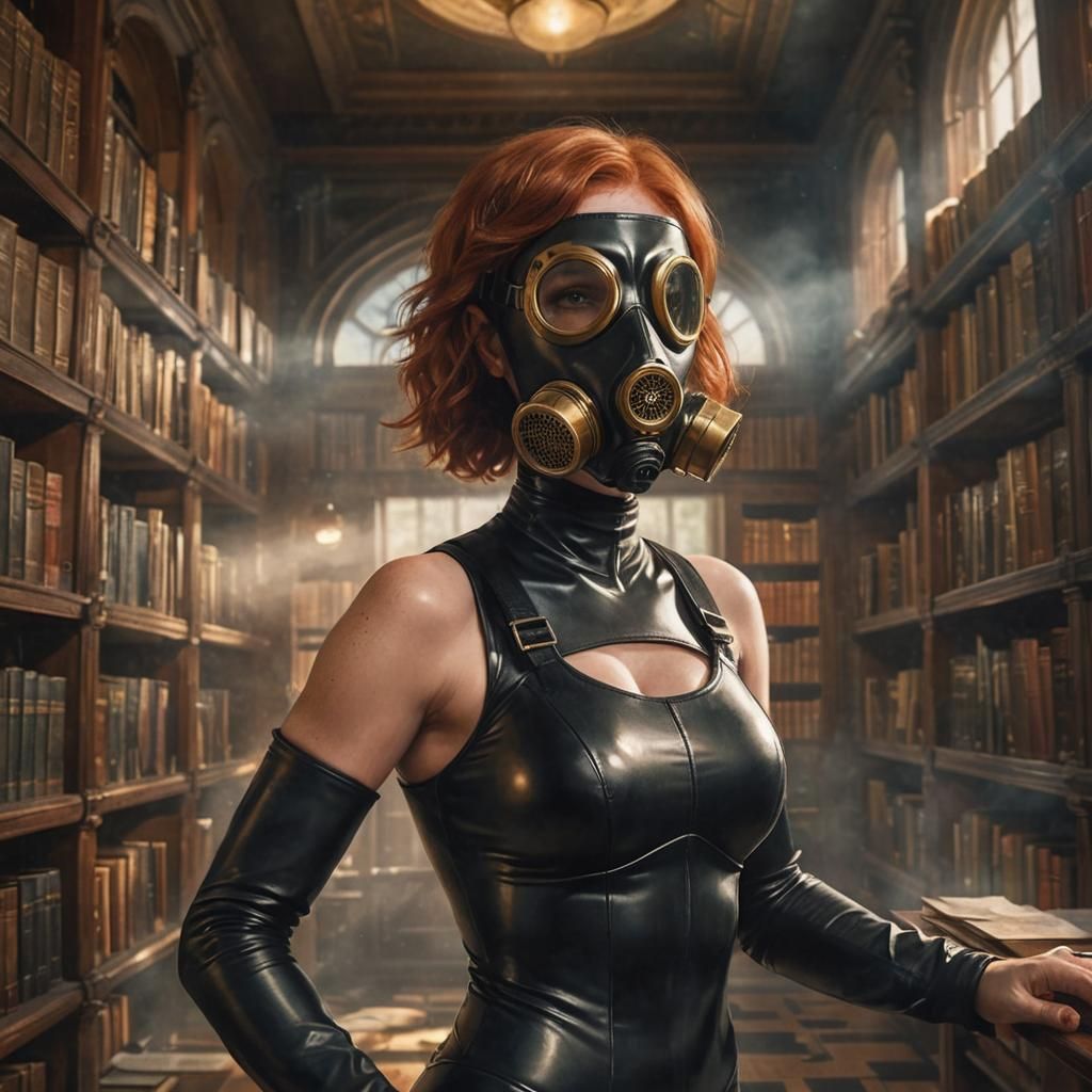 Woman in Gas Mask Floats in Library: Hyperrealistic Art