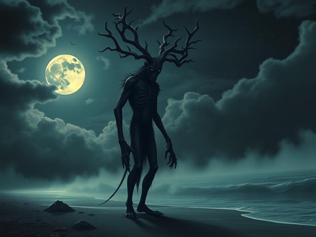 Eerie Figure on Foggy Beach in Symbolist Style