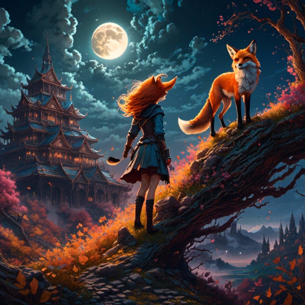Fox and Girl Stargazing: Fantasy Concept Art