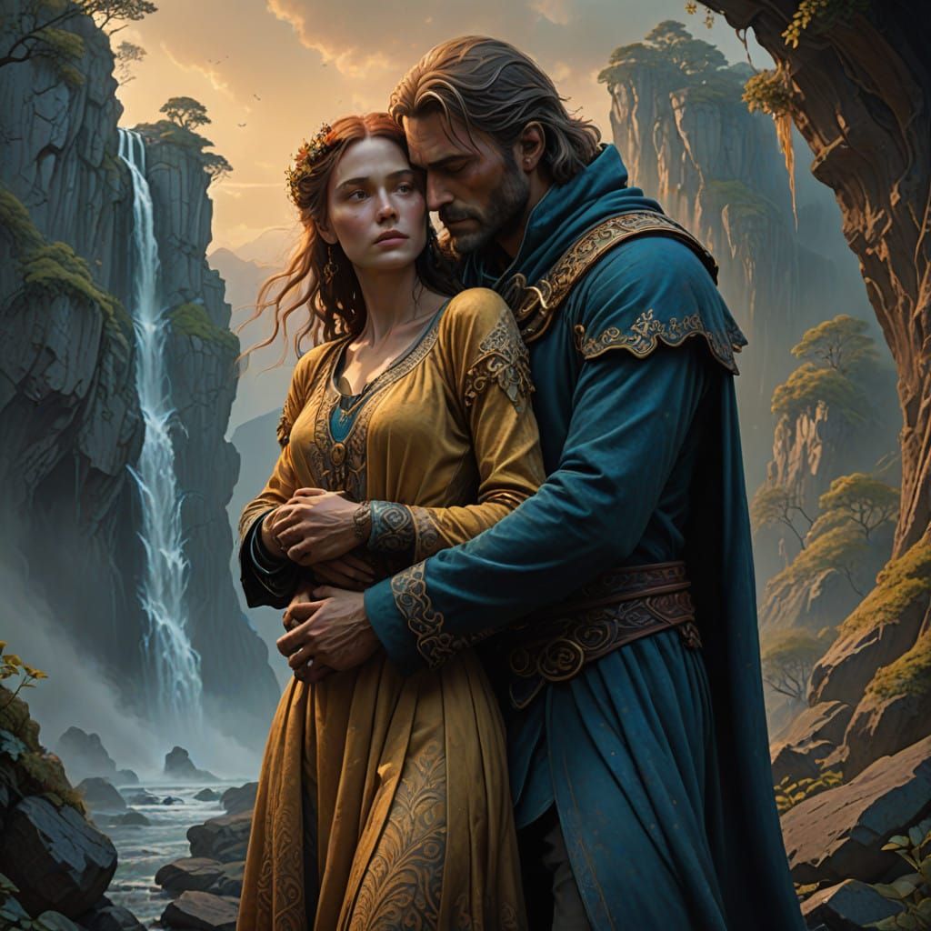 Couple Embracing in Detailed Fantasy Matte Painting