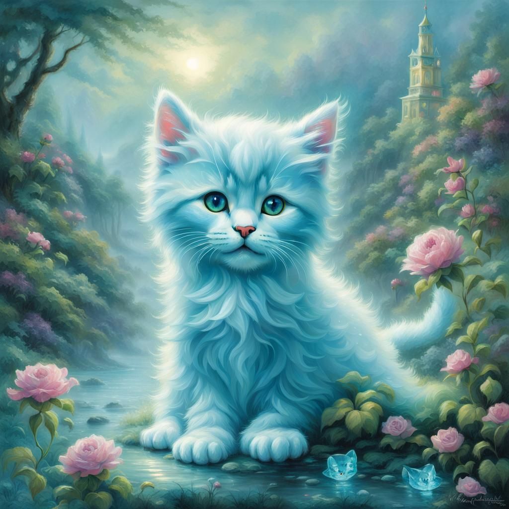 Ethereal Aquamarine Kitten in Fantasy Landscape