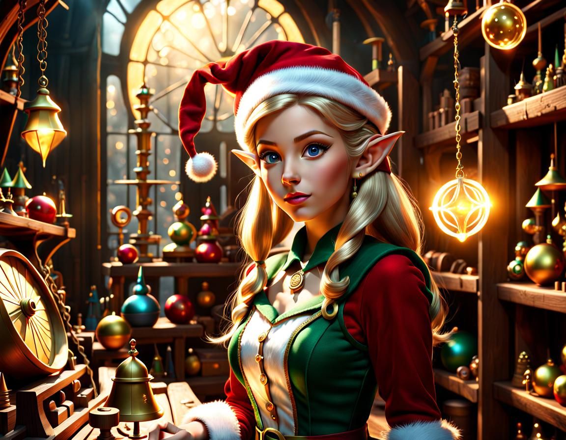 Detailed Matte Painting of Elf in Toy Workshop