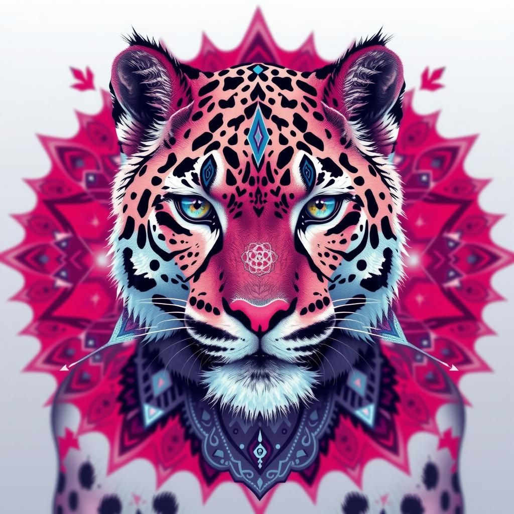 Sacred Geometry Snow Leopard Avatar in Red and Indigo
