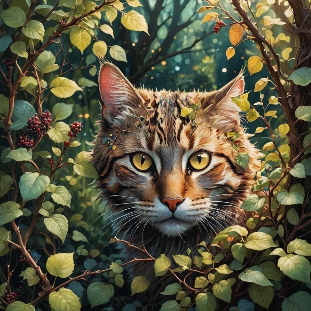 Cat in Bramble Bush: Detailed Matte Painting