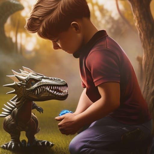 Boy and Dinosaurs: Hyper-Detailed Art