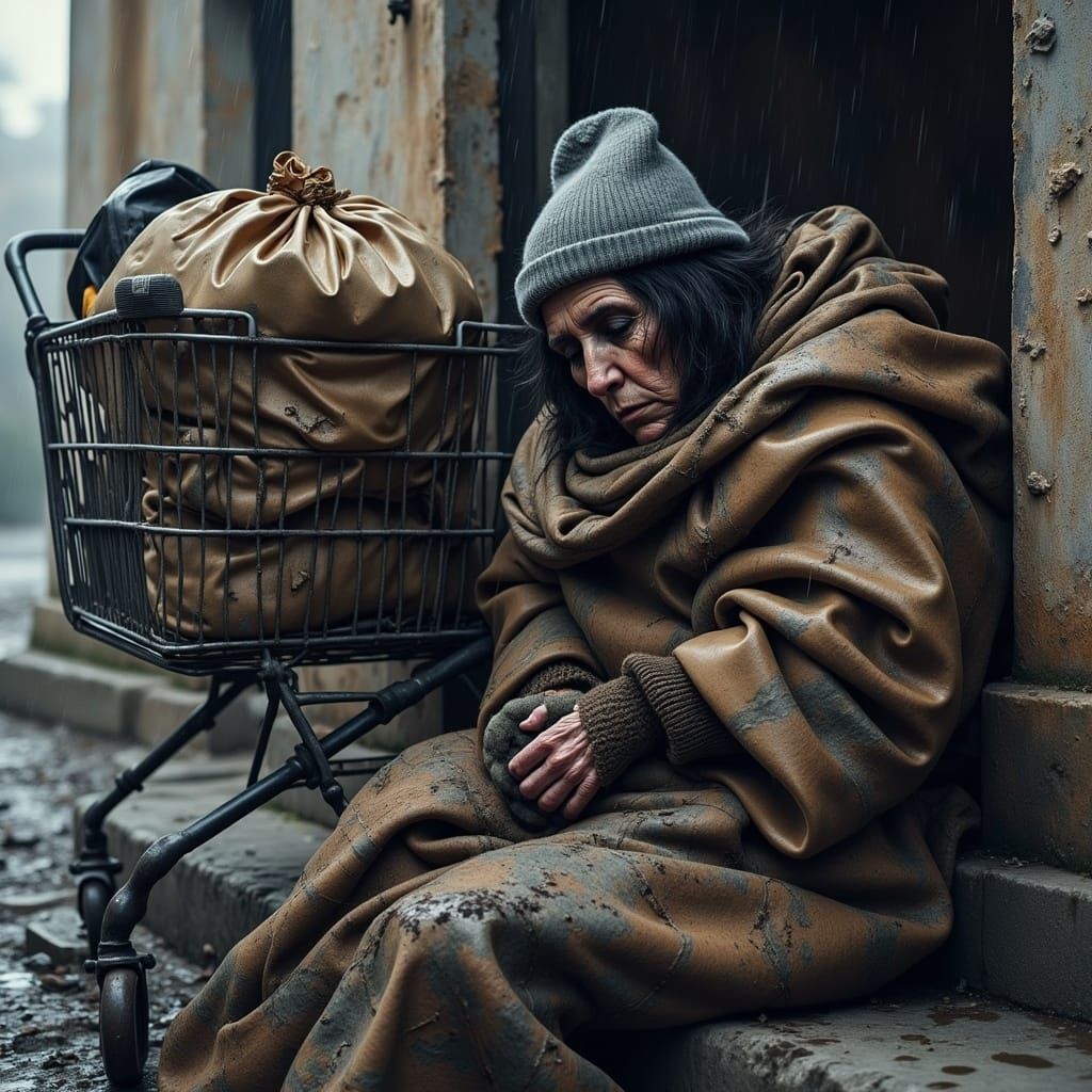 Despairing Homeless Person Portrait in Dieselpunk Style