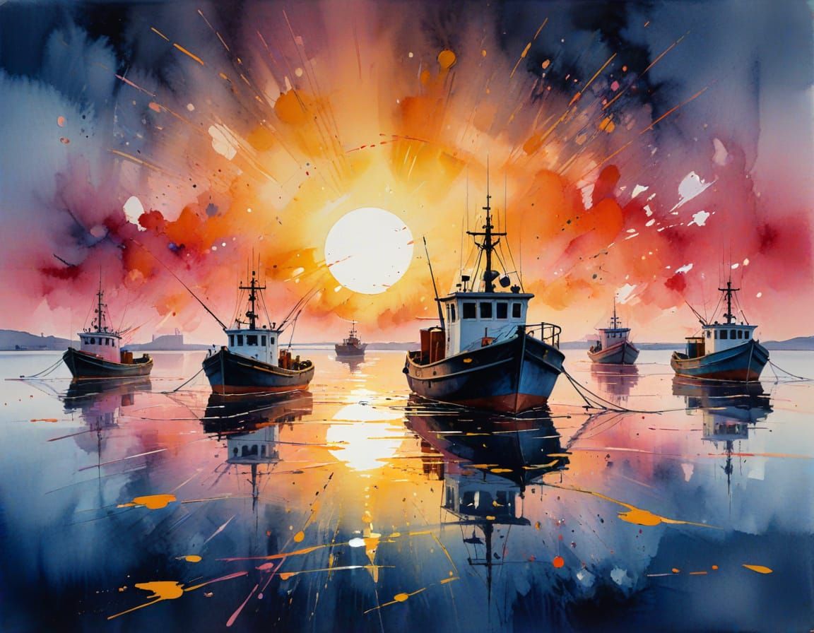 Minimalist Harbor Scene with Pink and Orange Hues