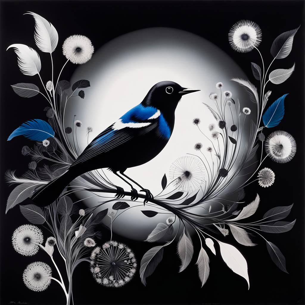 Floral Black Bird Photogram in Surreal Dreamscape