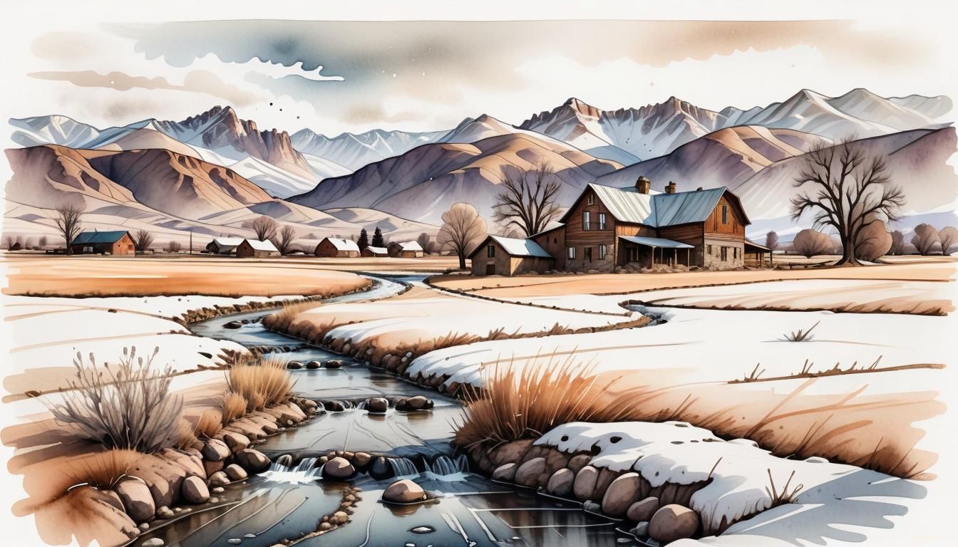 Utah Farmland Thawing: Watercolor and Ink Illustration